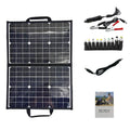 Black foldable solar panel bag showing its compact size and textured solar cell surface.