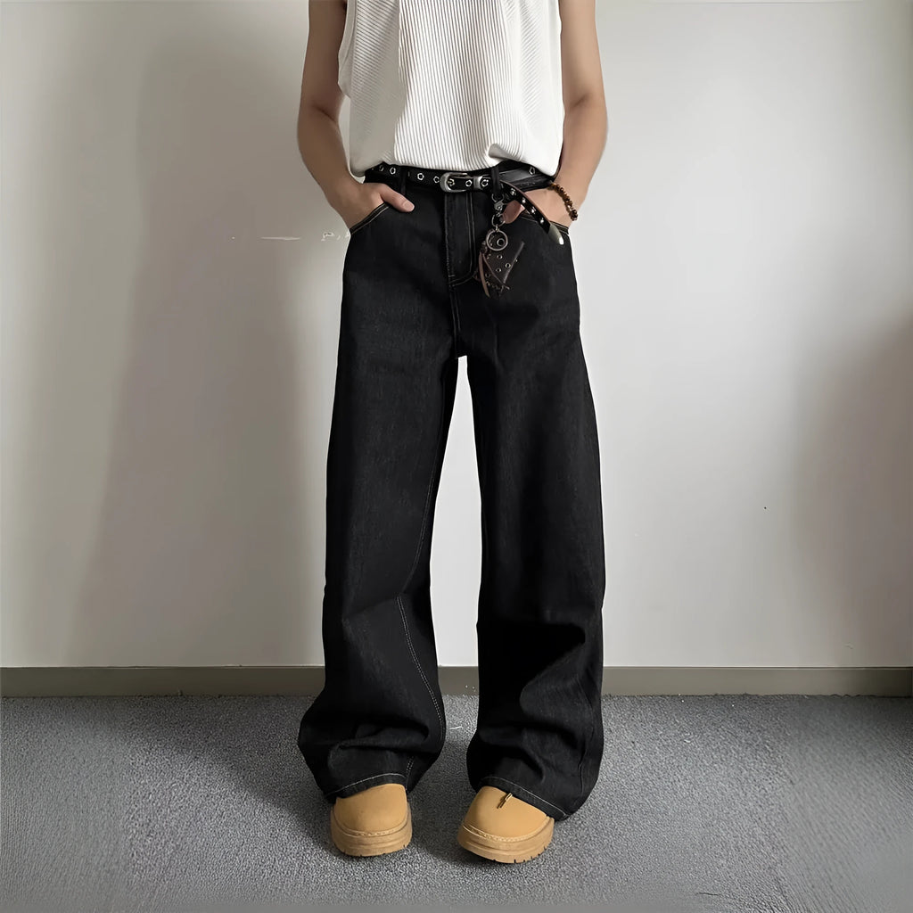 Black loose wide-leg retro jeans with a straight-leg cut and zip fly.