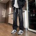 Men's straight-leg blue jeans with drawstring waist on mid-waist cut