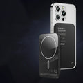 Titanium gold and black magnetic wireless alloy power bank showing magnetic ring for phone attachment.