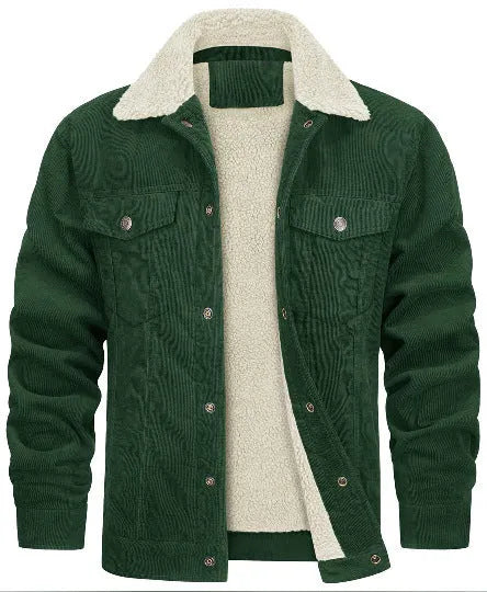 Corduroy lapel long sleeve plush jacket coat in green with side pockets and lapel collar
