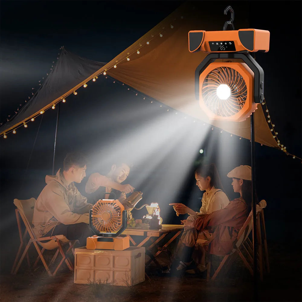 Outdoor portable rechargeable lighting fan with remote control, shaking head, in F6 Orange colour