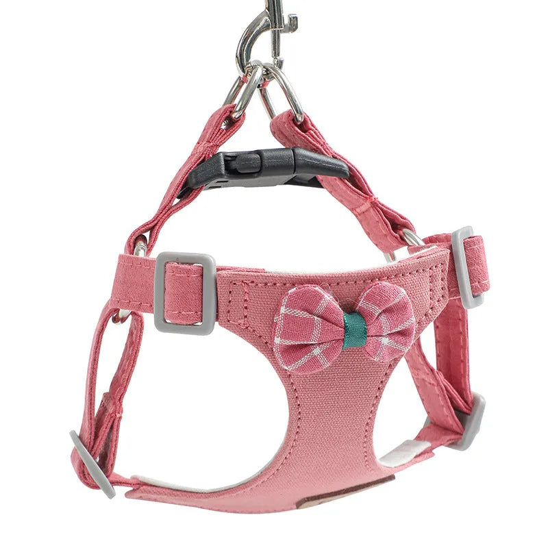Dog hand holding rope vest small dog chest harness set in beige dots flowers with traction rope