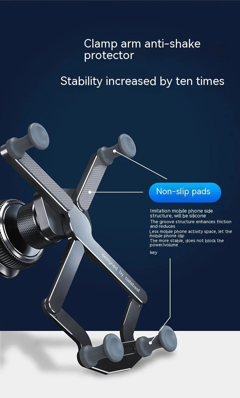 Silver aluminium alloy car phone holder with snap-on bracket mounted on a car air vent