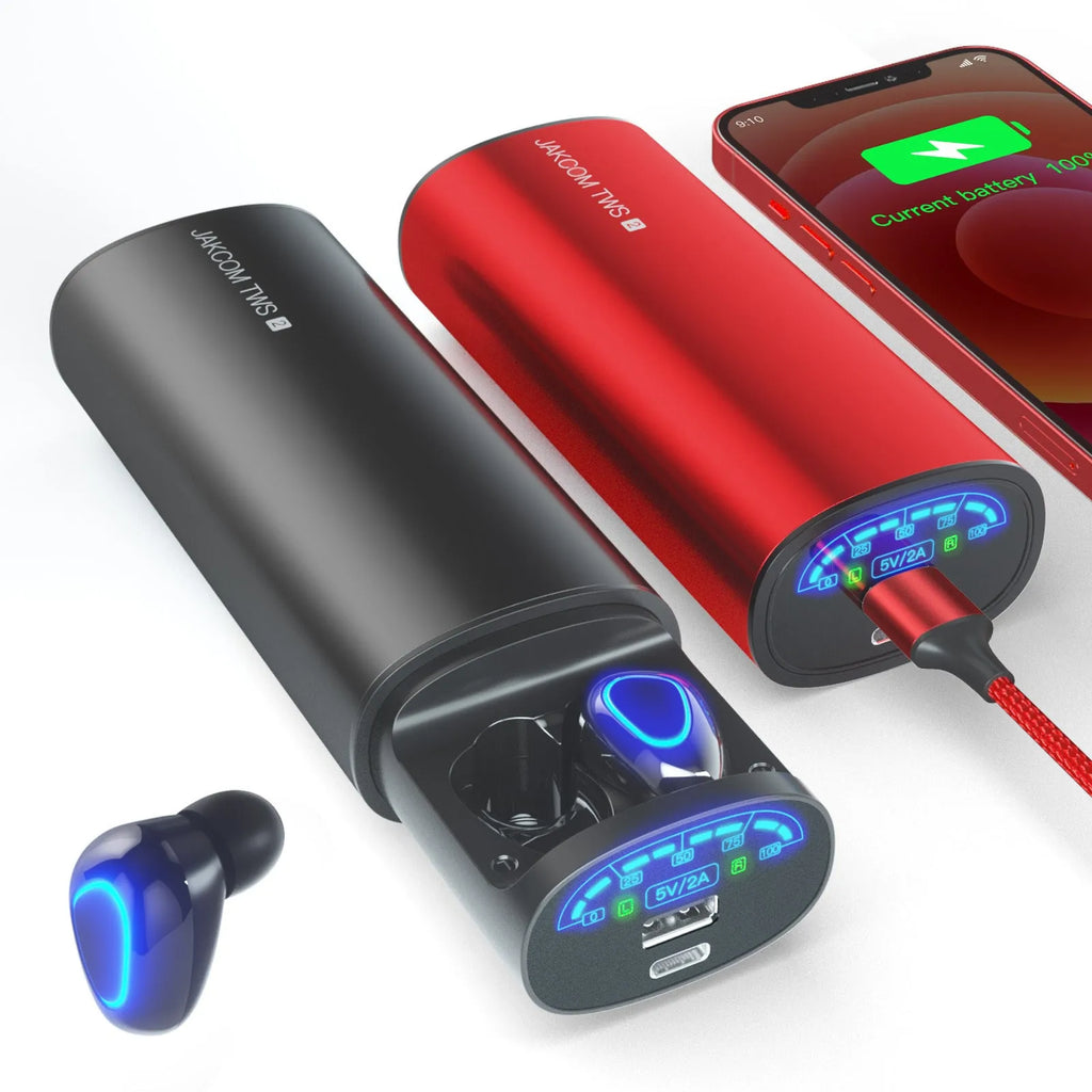 TWS2 true wireless Bluetooth headset with black charging case and earphones