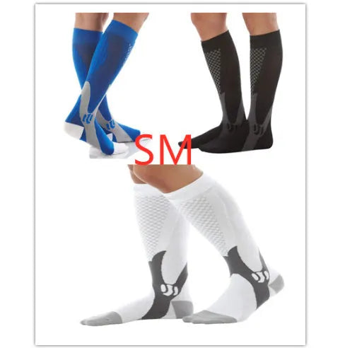 Unisex graduated compression socks in various colours with size measurement details