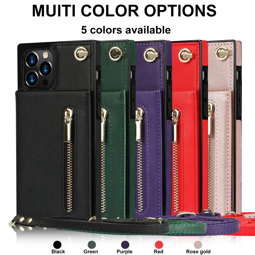 Leather messenger phone case in TPU and leather, available in five solid colours, fits multiple iPhone and Samsung models