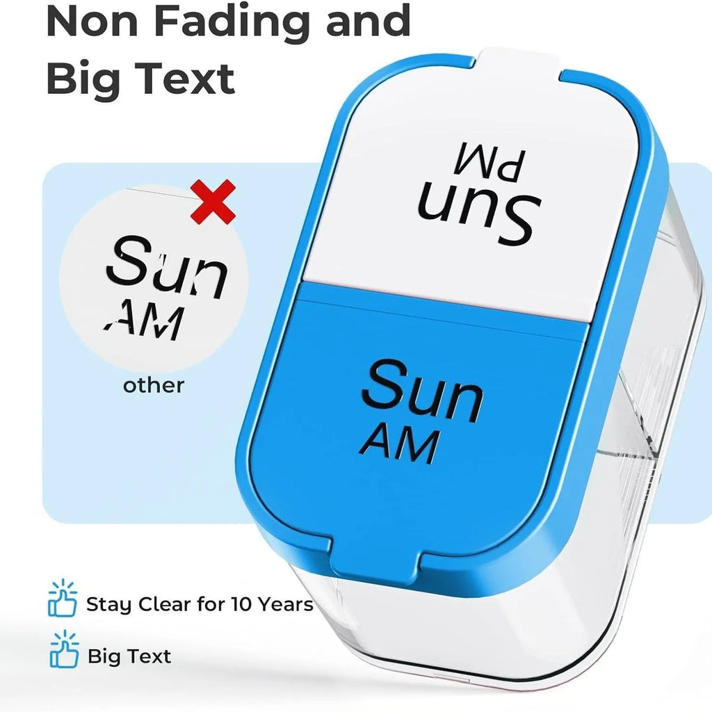 Extra large white and rainbow colour plastic pill dispenser with 14 removable compartments.