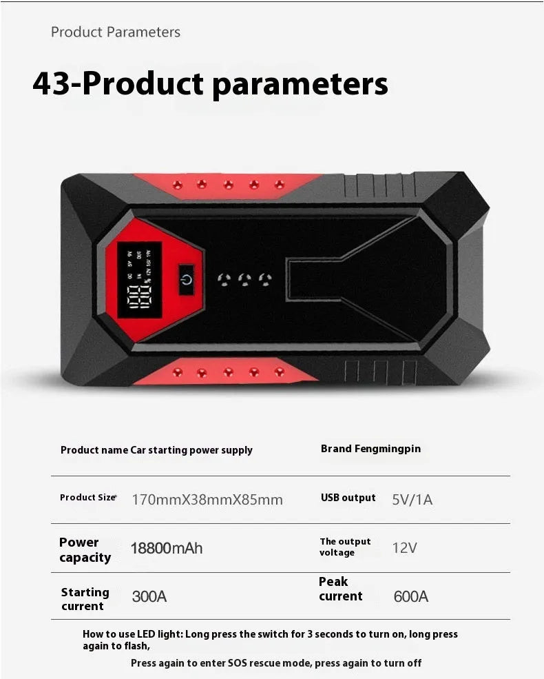 Red 12V car battery jump starter emergency power bank with battery clamps and cable