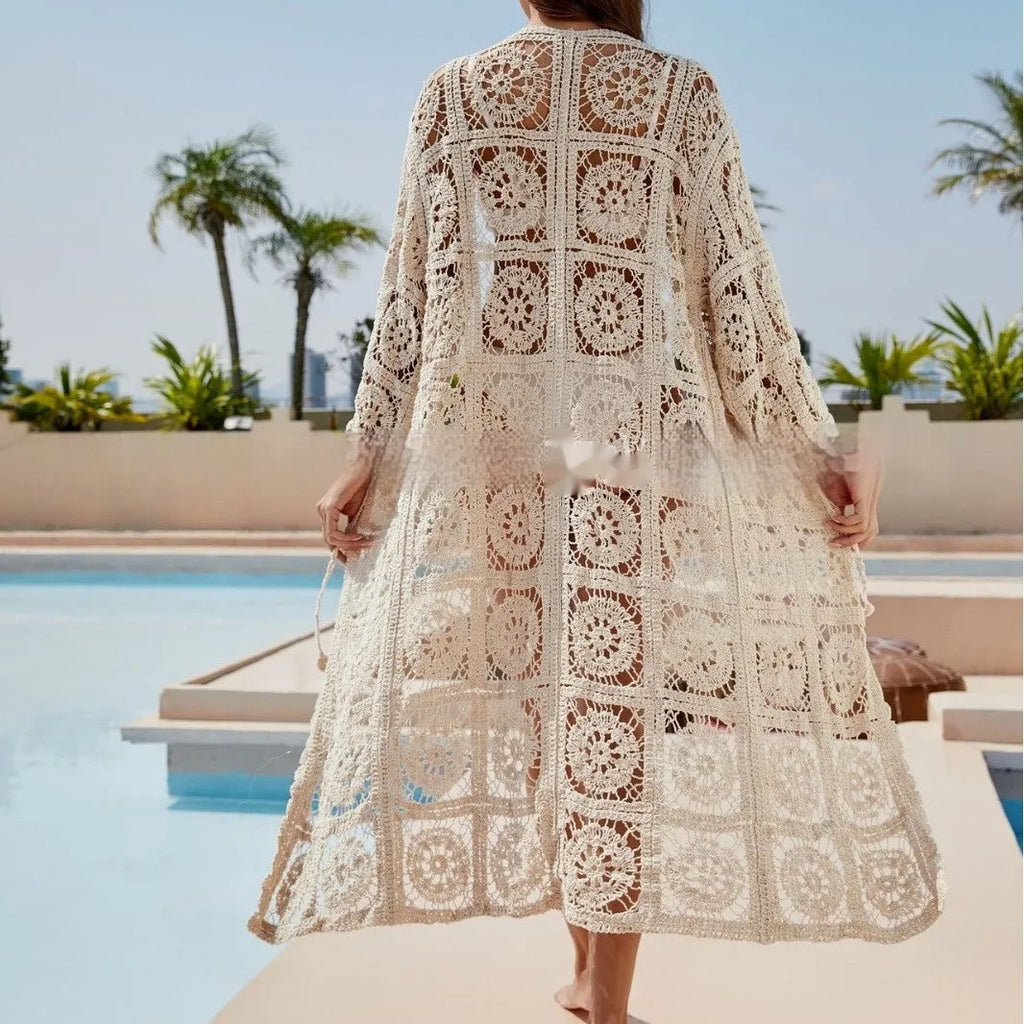 Apricot cotton beach cover-up set with long sleeves and embroidered detailing