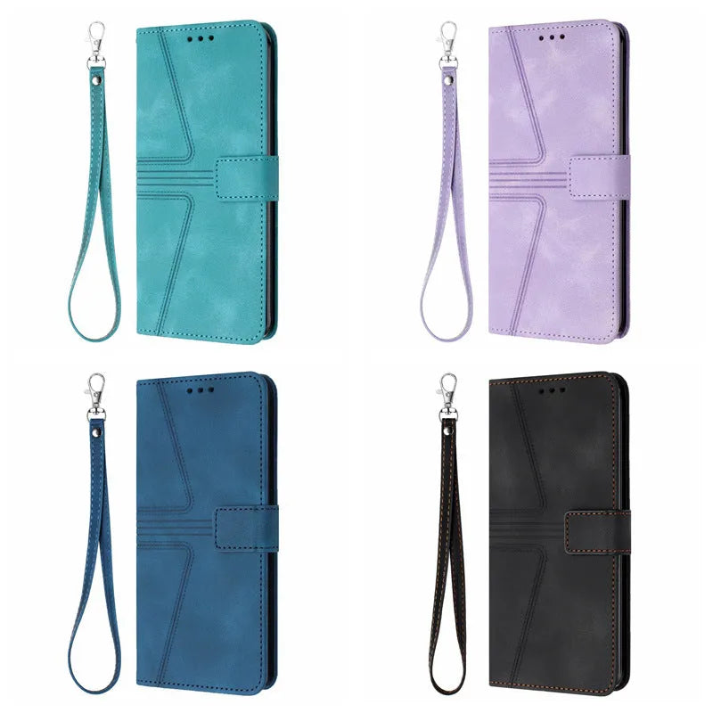 Blue geometric embossed flip card leather case for Samsung with short hand strap