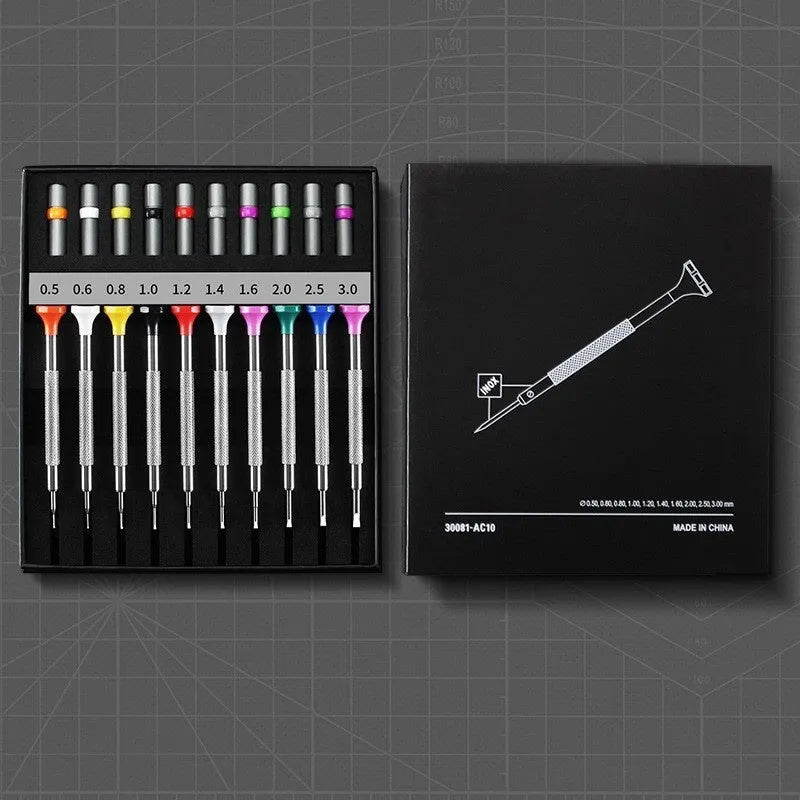 Ten-piece watch repair tool set with manual screwdriver and interchangeable heads for precision repair work