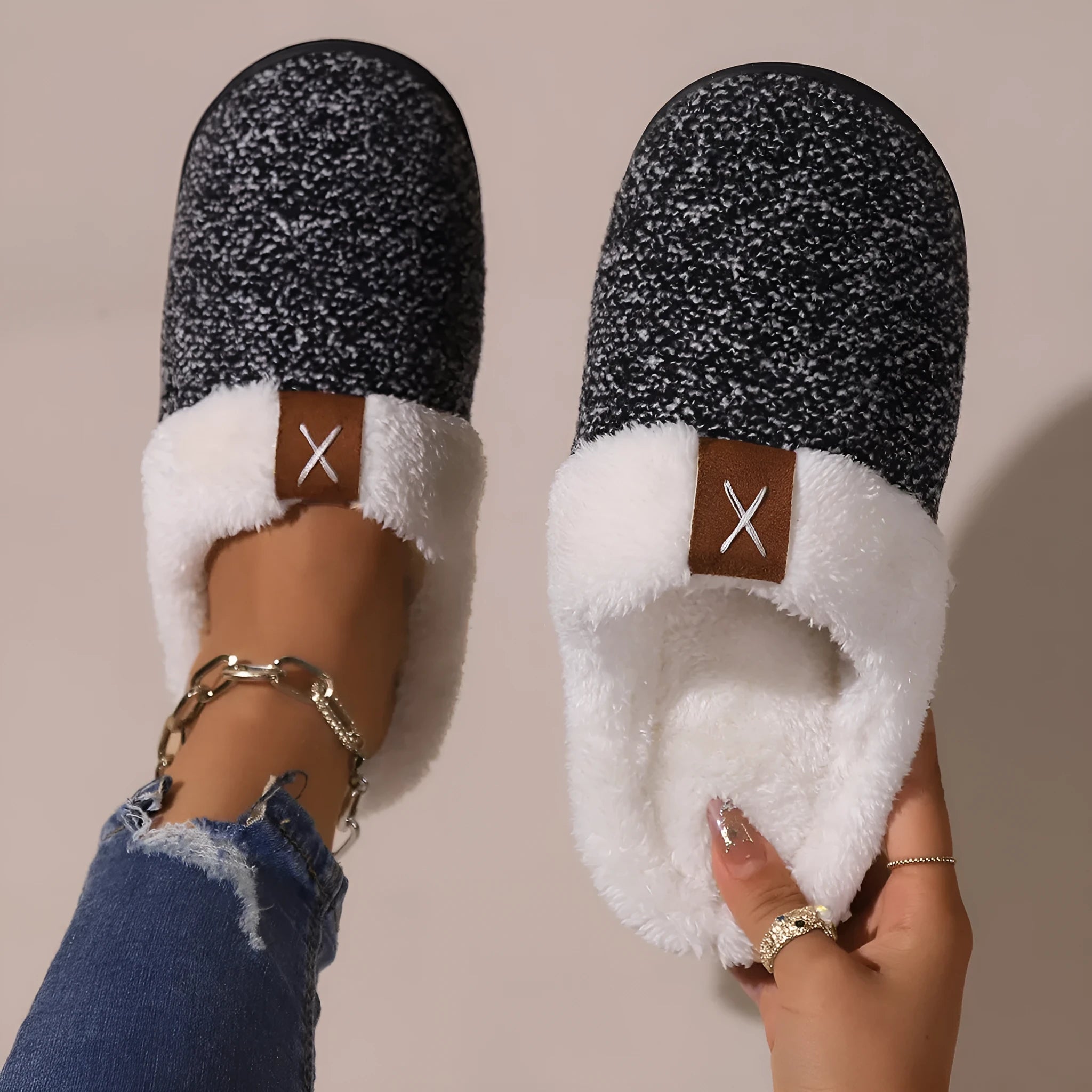 Winter plush thick bottom anti-slip house slippers in burgundy, black, and light gray for men and women