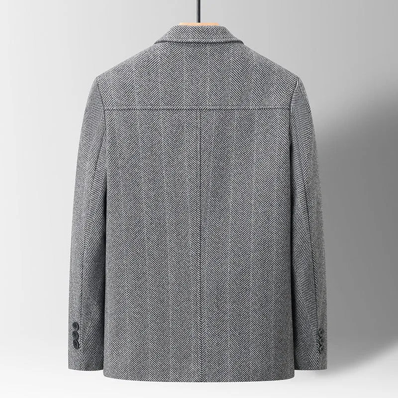 Mens slim fit woolen jacket with lapel collar in grey or dark coffee, business gentleman style, sizes 170-190 yards