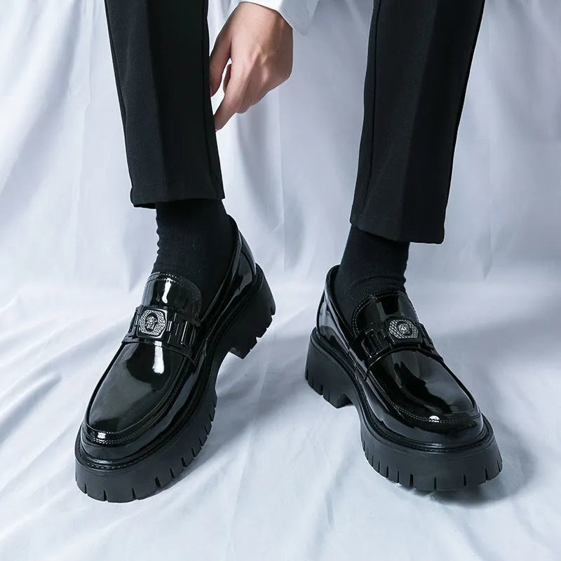 Men's glossy black platform loafers with hidden low heel for summer wear