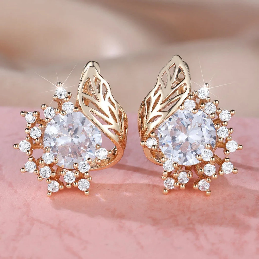 Round flower feather zircon earrings with rose gold electroplated finish and diamond accents