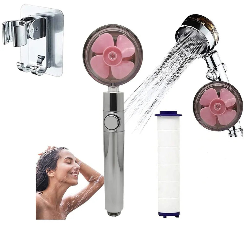 Blue handheld shower head with stop button and turbo nozzle on a chrome bracket.