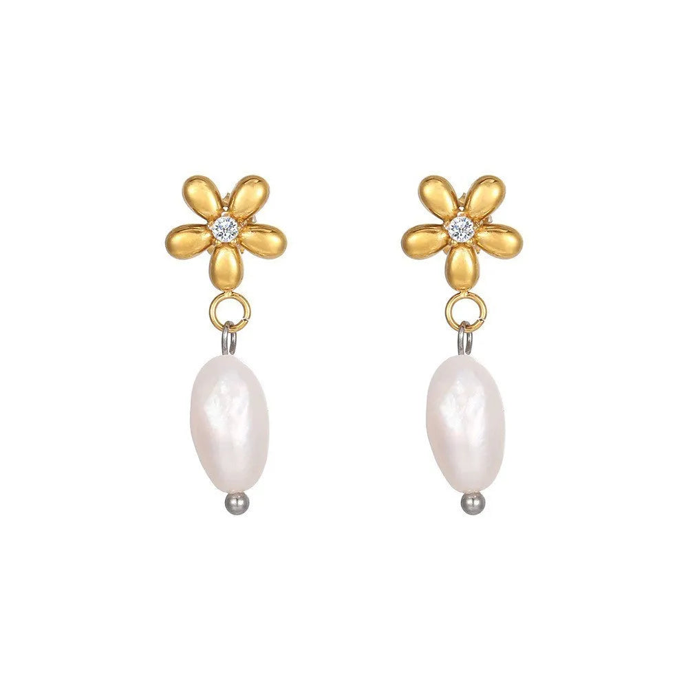 Women's C-shaped titanium steel earrings with pearl inlay flower design in gold