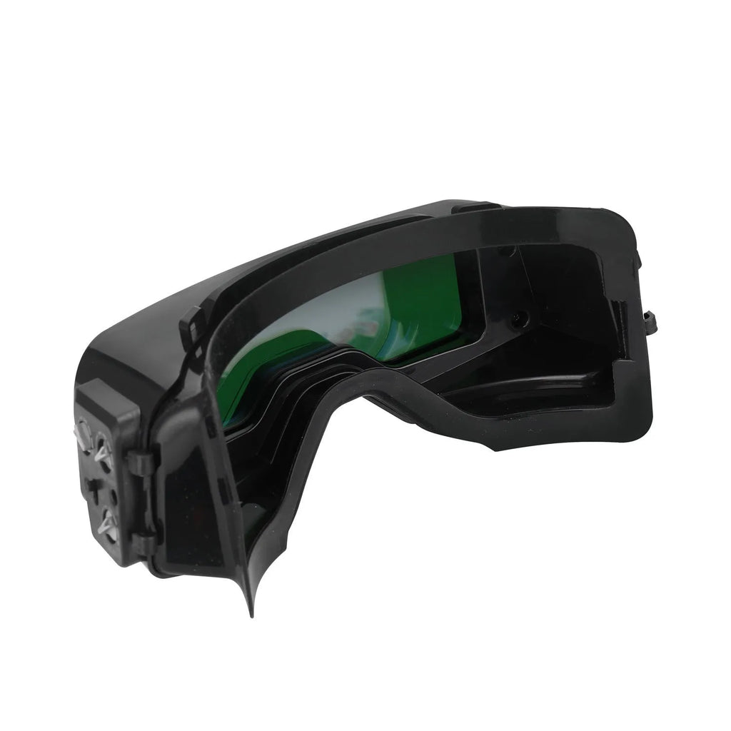 Black automatic darkening welding mask and glasses with a large rectangular viewing lens.