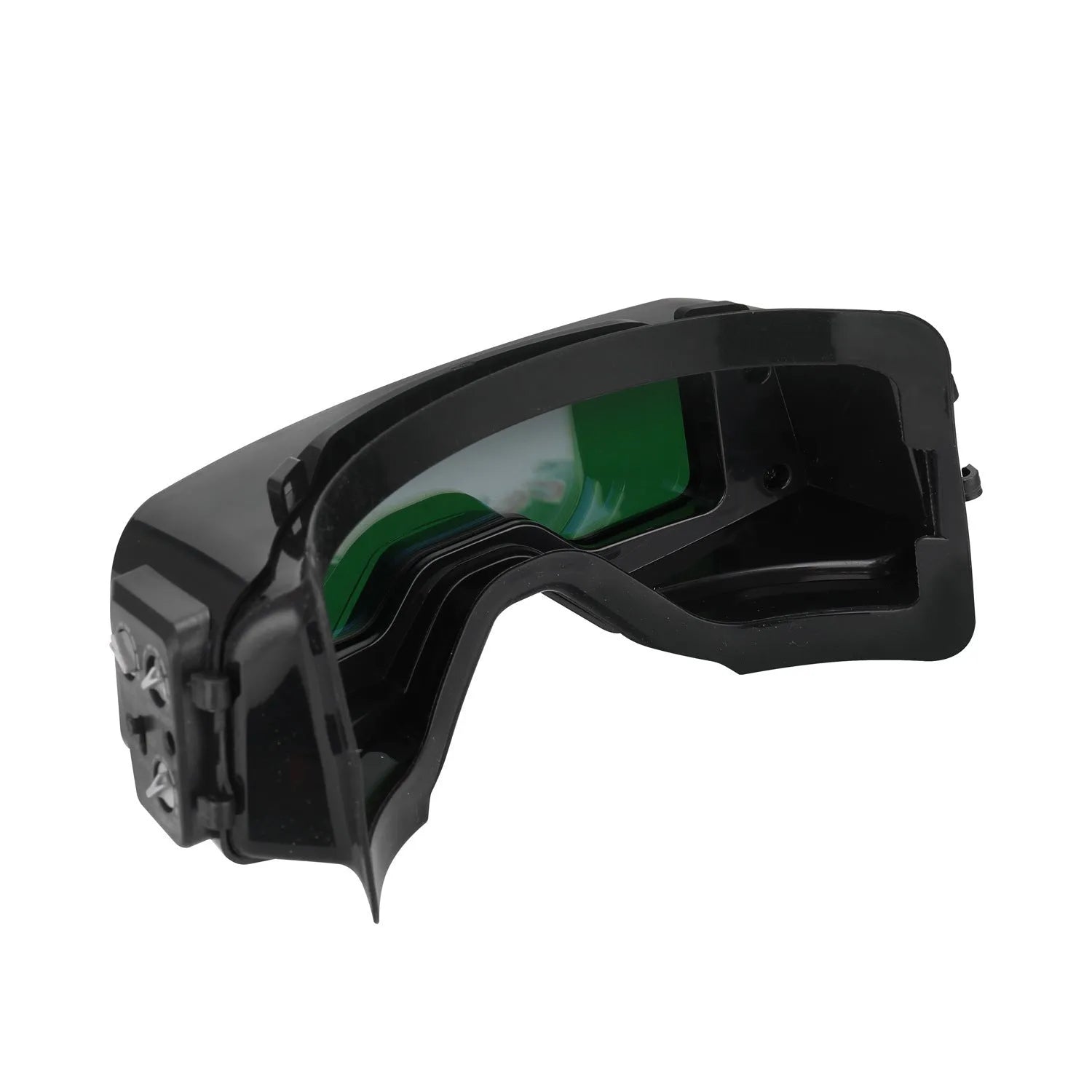 Black automatic darkening welding mask and glasses with a large rectangular viewing lens.