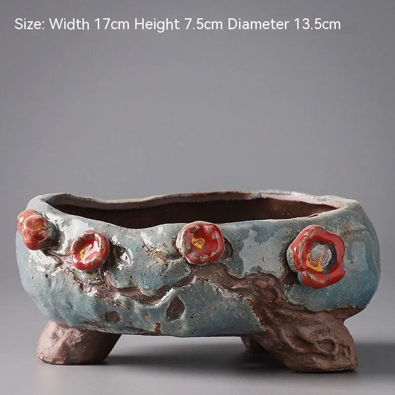 Handmade ceramic combination flower pot with hand-painted pastoral design for succulents