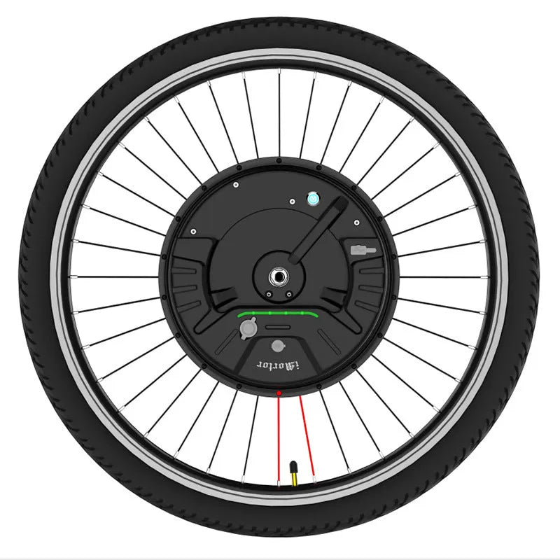 Imotor 3.0 electric bicycle conversion kit showing black alloy hub motor wheel ready for installation.