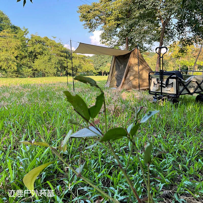 Brown shelter tent for two people with two aluminium alloy poles set up on grass