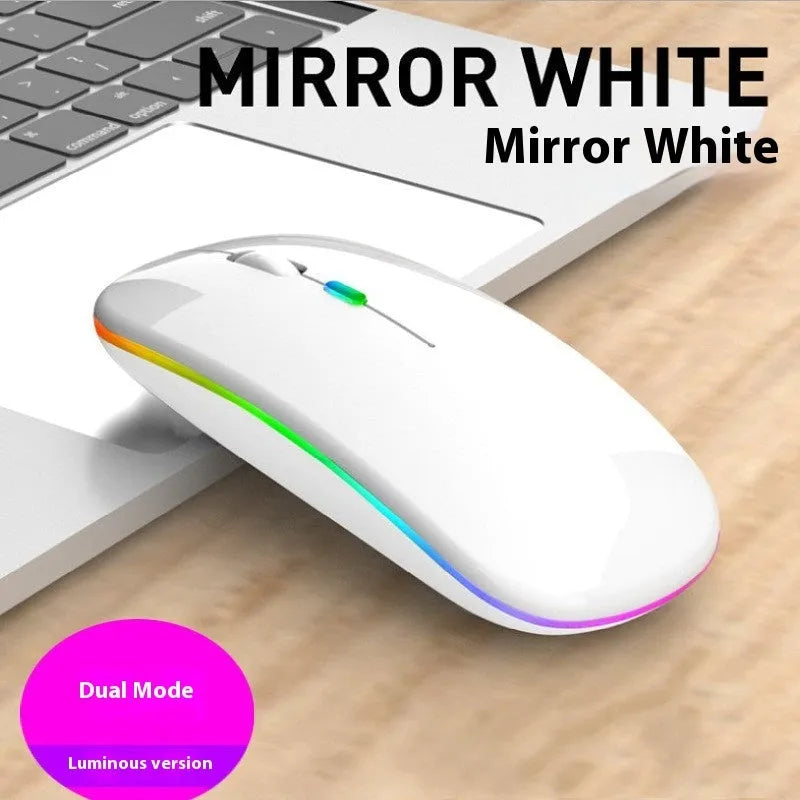 Bluetooth dual-mode wireless mouse in grey with mute buttons and 15cm USB charging cable