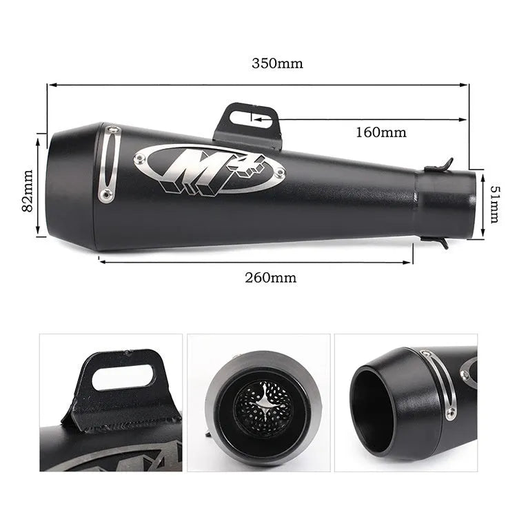 M4 universal motorcycle exhaust pipe in black, titanium, and blue finishes shown on a large displacement bike.