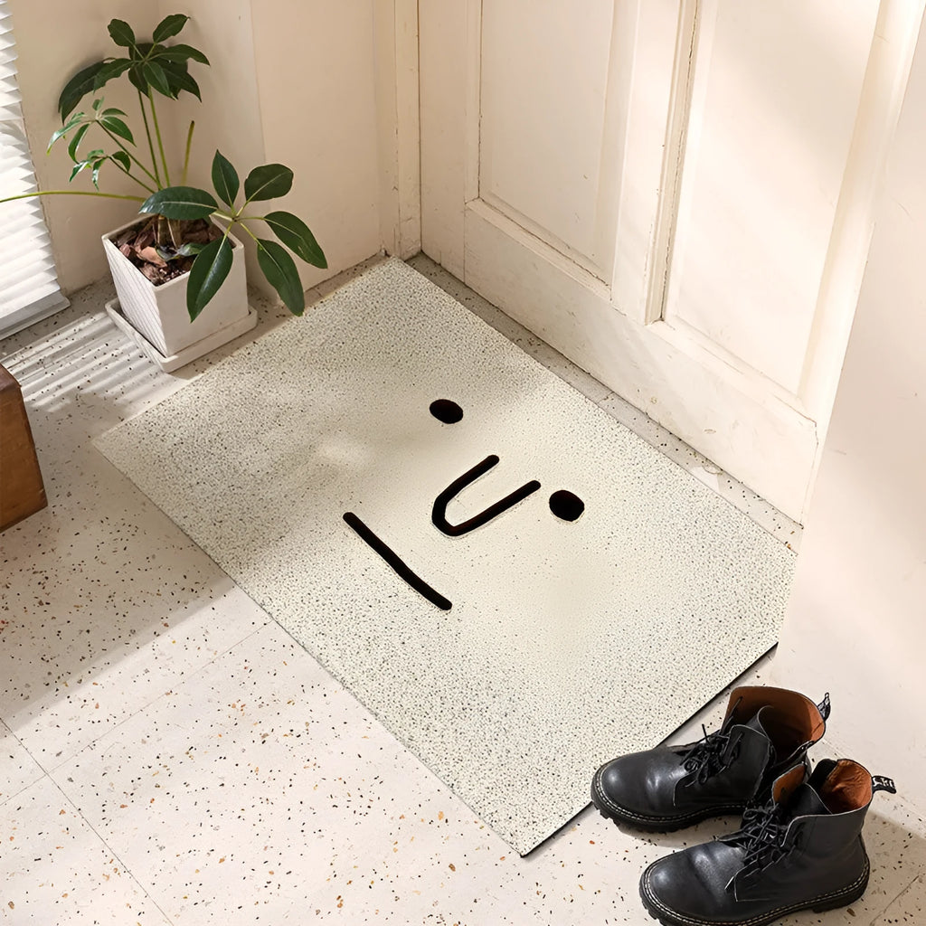 Square PVC floor mat with cartoon Mr Big Nose geometric pattern in household setting