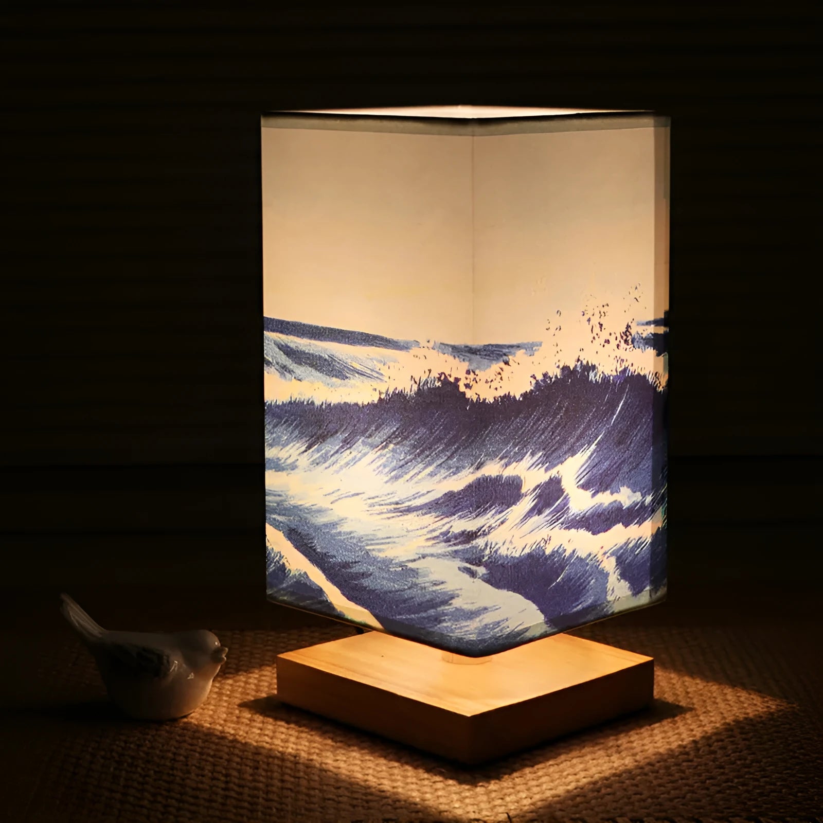 Solid wood bedside lamp with cloth lampshade on wooden table wood colour finish