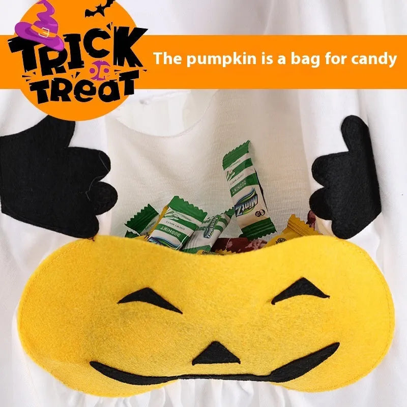 White pumpkin ghost dog costume in viscose material shown on pet model