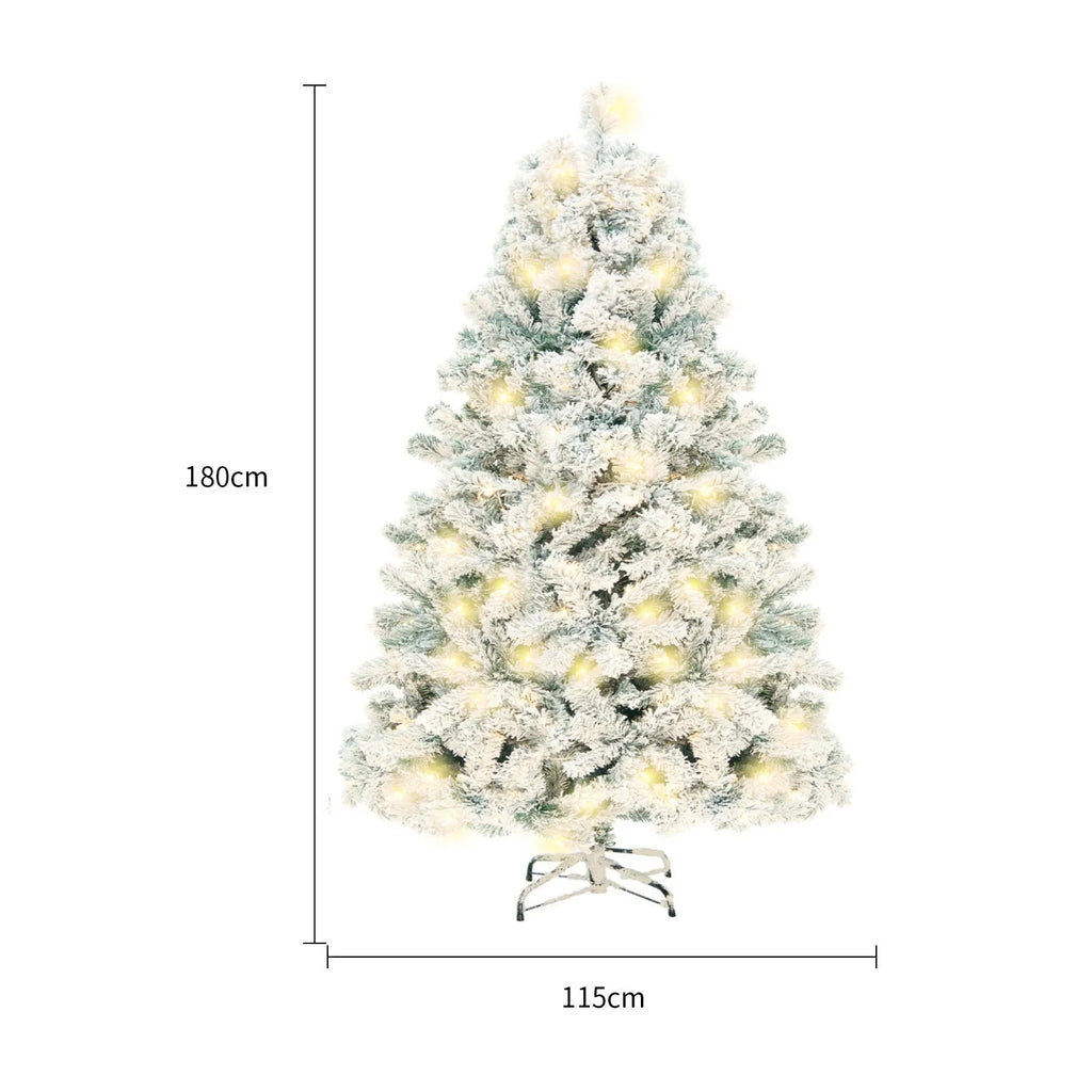 Green and white snow-dusted artificial PVC Christmas tree with metal stand, 180cm and 230cm size options.
