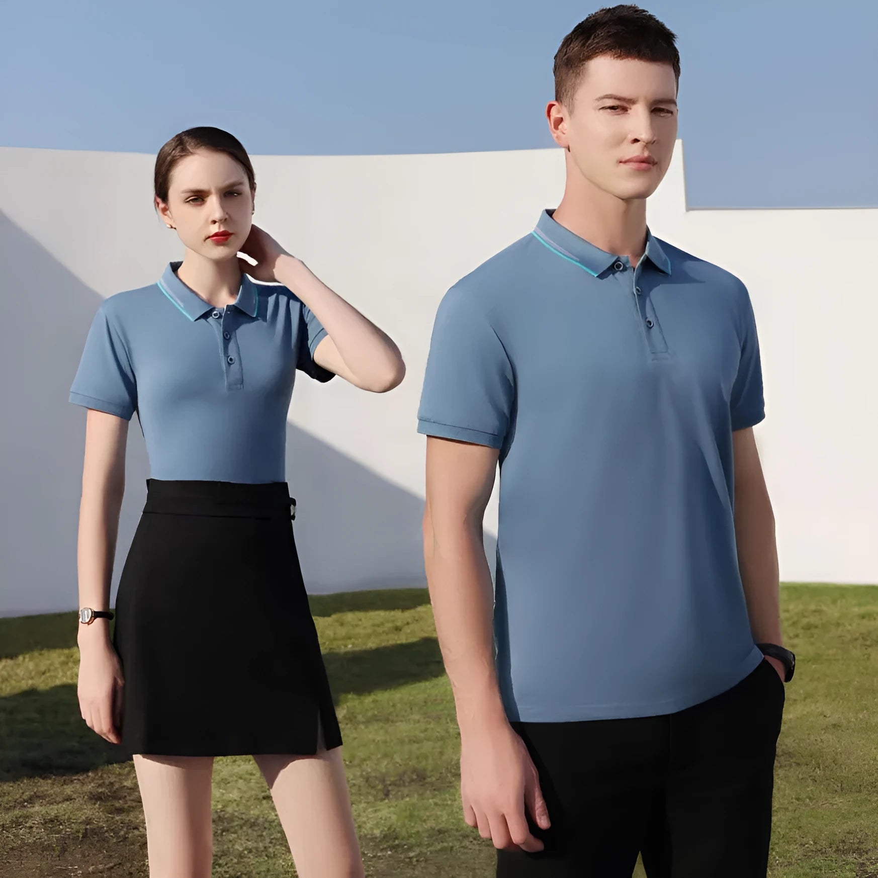 Women's cotton pullover jacket with an asymmetric lapel, shown in a light blue colour.