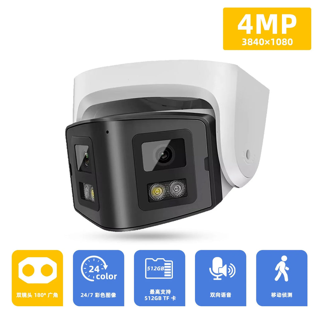 4MP dual-lens panoramic CCTV webcam with IP66 waterproof housing for indoor and outdoor security monitoring