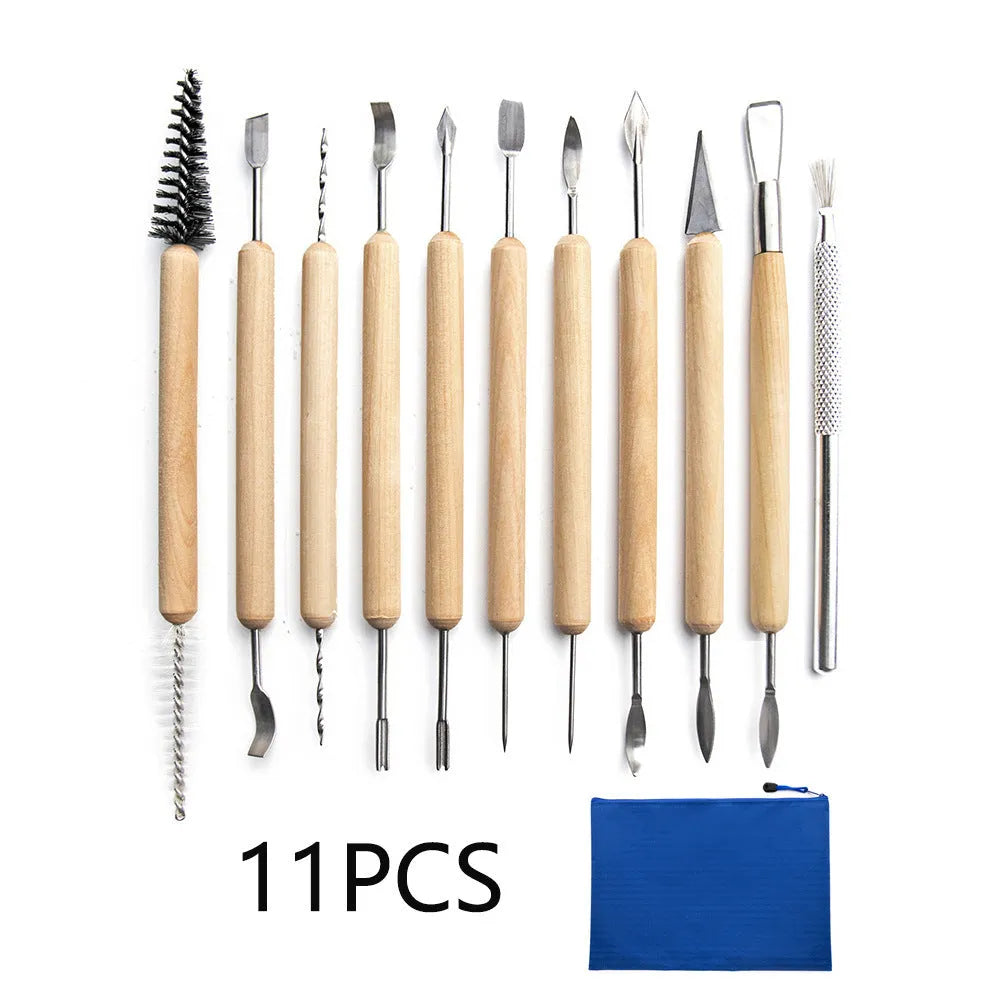 11-piece pottery tool set with stainless steel heads and wooden handles for clay sculpting