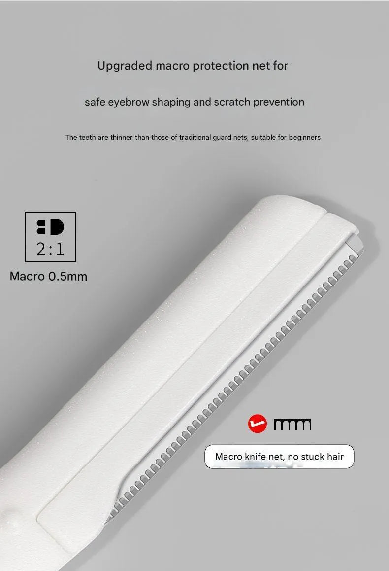 Macro safety eyebrow trimmer set with comb attachments, razor, and cleaning brush