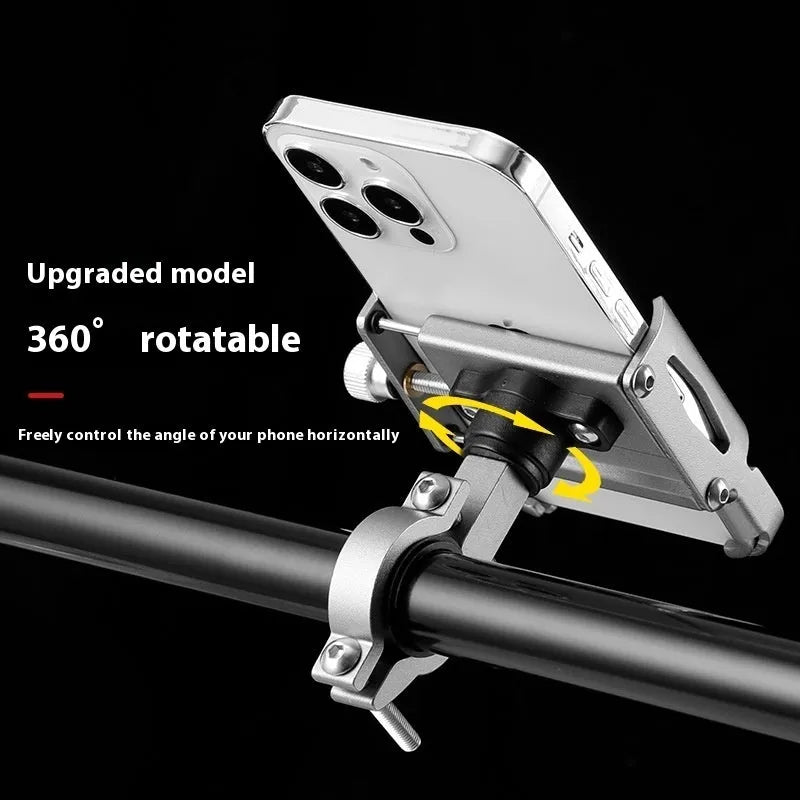 Aluminium alloy mobile phone holder mounted on bicycle handlebars showing black finish option
