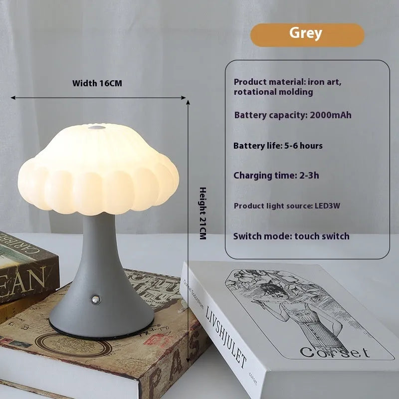 Mushroom-shaped touch control table lamp with USB charging port in wood grain finish.