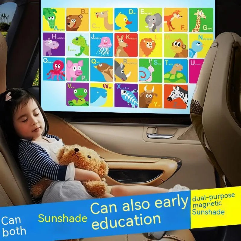 Automatic retractable magnet car sunshade with cartoon anime patterns including animal recognition and letter designs