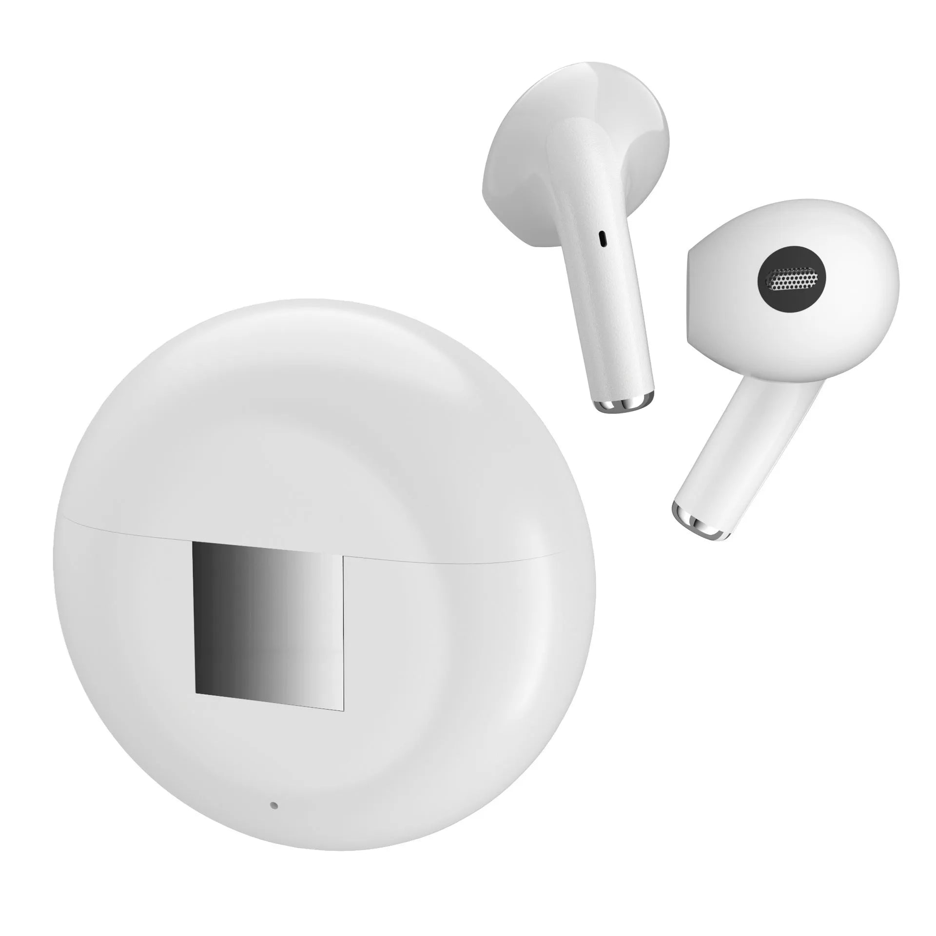 White Wireless Budz5 semi-in-ear Bluetooth earbuds sitting in an open black charging case on a table.