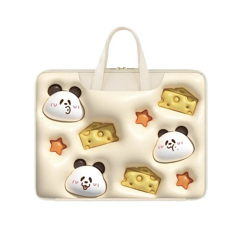Inflatable laptop bag in PU leather with hanging strap, showing cute panda design for 13-15.6 inch laptops