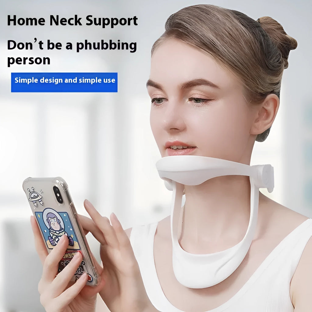 White adjustable neck brace for cervical spine support and posture correction.