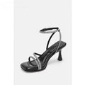 Women's silver rhinestone square-toe sandals with an ankle-strap buckle.