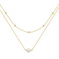 S925 Sterling silver double layer necklace with twin pearls on a ball bead chain, shown in gold and white gold colours.