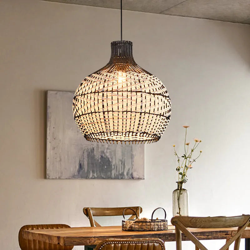 Nordic rattan chandelier with woven shade, 50cm diameter, for cafe or bar ceiling lighting.