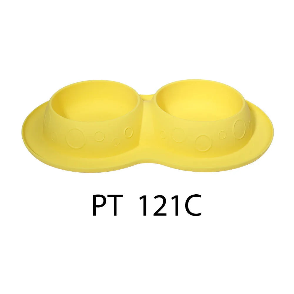 Blue non-slip silicone 2-in-1 pet feeding mat holding water and food bowls
