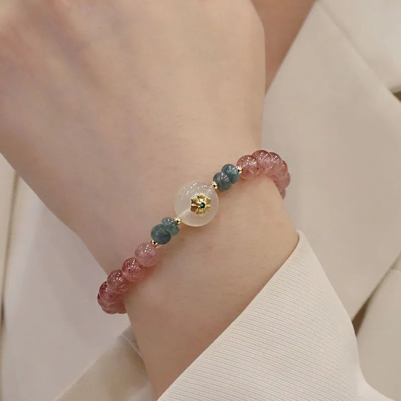 Strawberry quartz blue water emerald round jade pendant bracelet with Chinese design elements