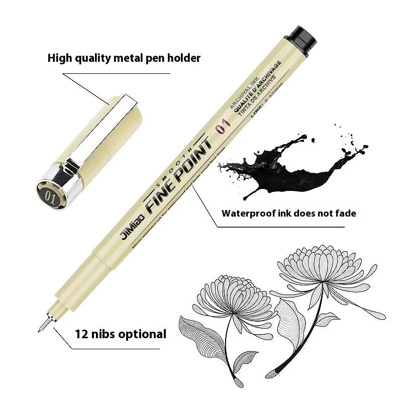 Waterproof needle pen drawing tool with plastic body and black ink for detailed artwork