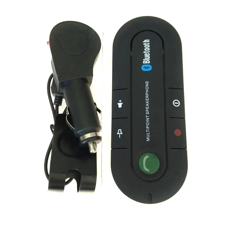 Black vehicle Bluetooth handsfree unit mounted on car sun visor with cable connection
